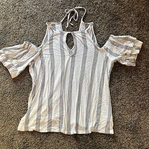 Keyhole shoulder cut out white and black striped shirt, soft and sexy size xs